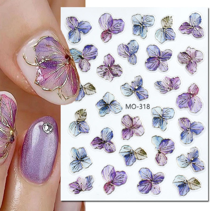 

5D Embossed Nail Art Decals Gold Lines Watercolor Purple Flowers Adhesive Sliders Nails Stickers Decorations For Manicure