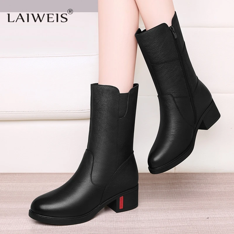 Footwear Half High Women Boots Middle Heel Shoes for Woman Black Mid Calf Fashion 2024 Designer Luxury Goth Genuine Leather Boot