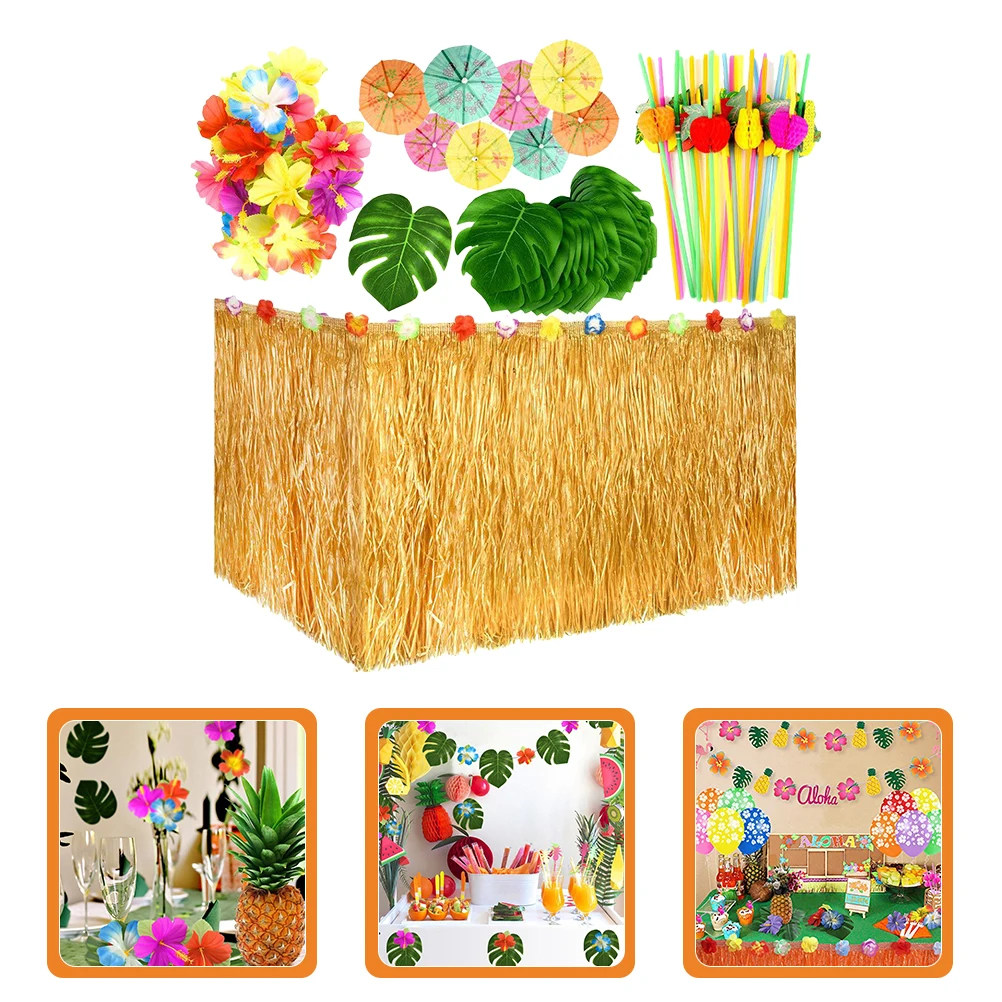 

Hawaiian Table Skirt Decorations Luau Party Supplies Tropical Flowers Grass Desk Cover Wedding Birthday Theme Accessories