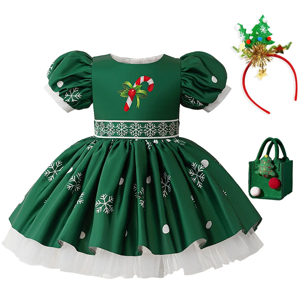 Christmas Carnival Party Dresses Kids Santa Claus Green Snowflake Gift Girl Red Stripe Umbrella Handle Dress Girls Christening