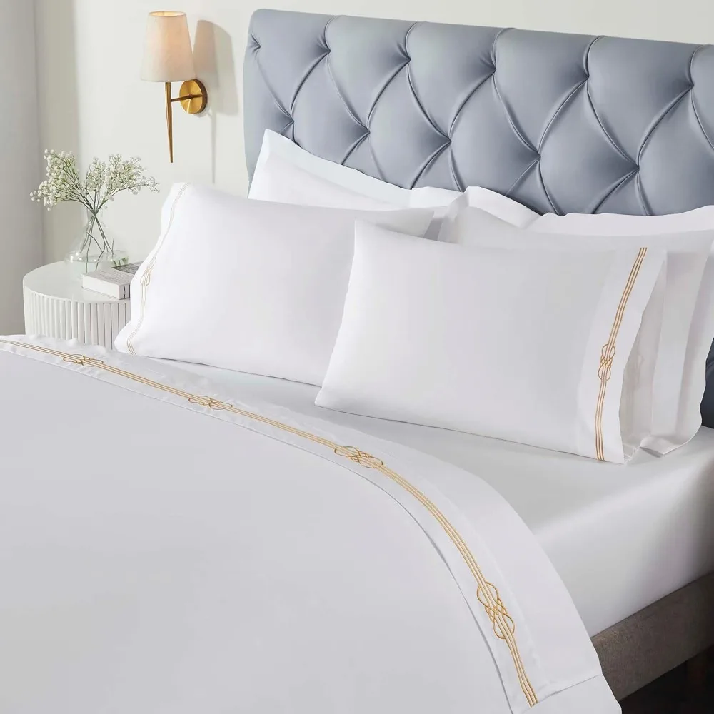 

SUPERIOR Embroidered Cotton Bed Sheet Set, 1 Elastic Deep Pocket Fitted Sheet, 1 Flat Sheet, 2 Pillowcases, Daily Soft Sheets, L