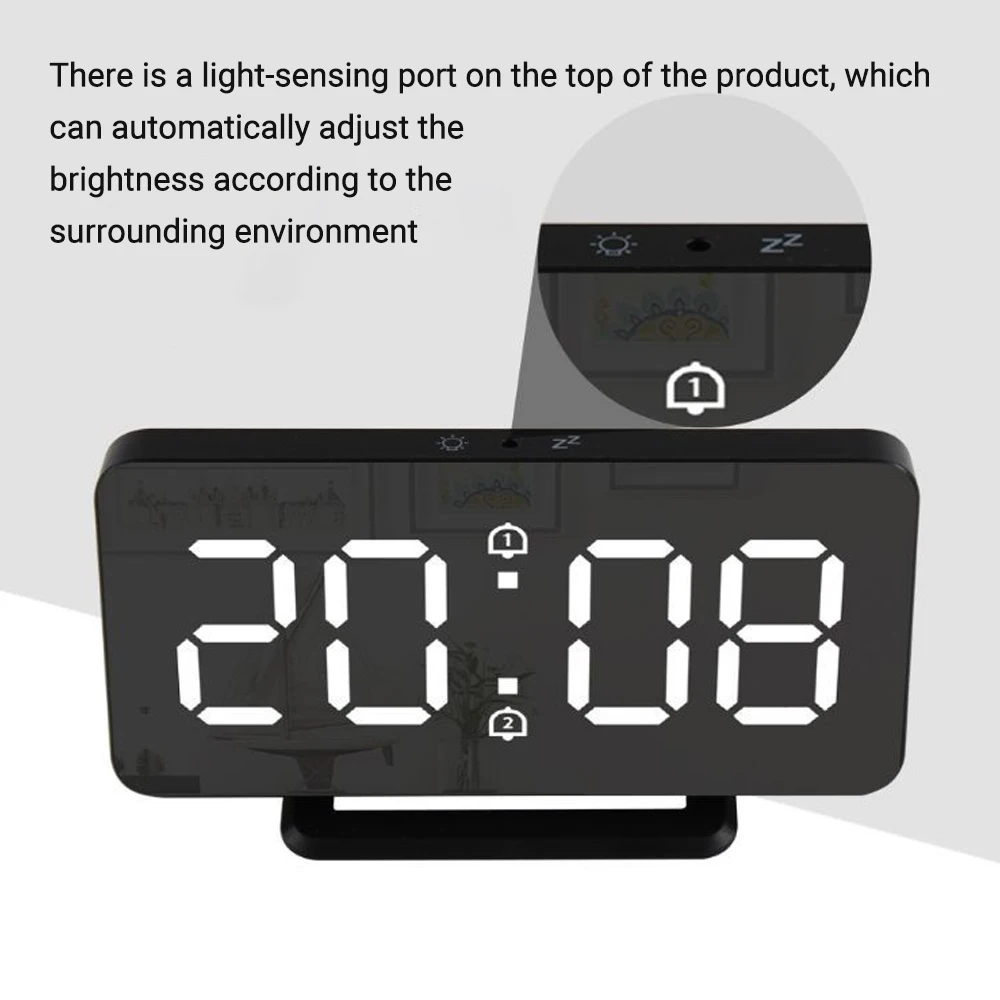 Digital Alarm Clocks LED Mirror Electronic Clock with Temperature Display Dual Alarm Snooze 12/24H Switch