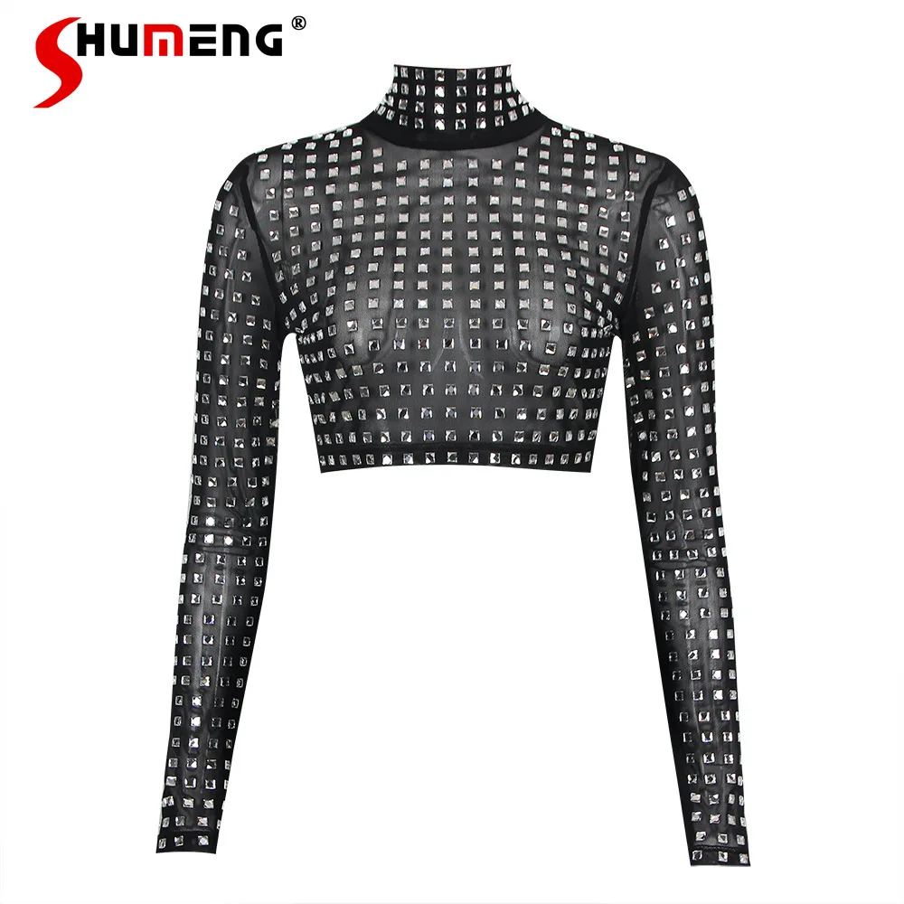 Women's Y2k Top Black Long Sleeve Personality Street Zipper Patchwork New Women's Hot Rhinestone T-Shirt High Waist Cropped Tees