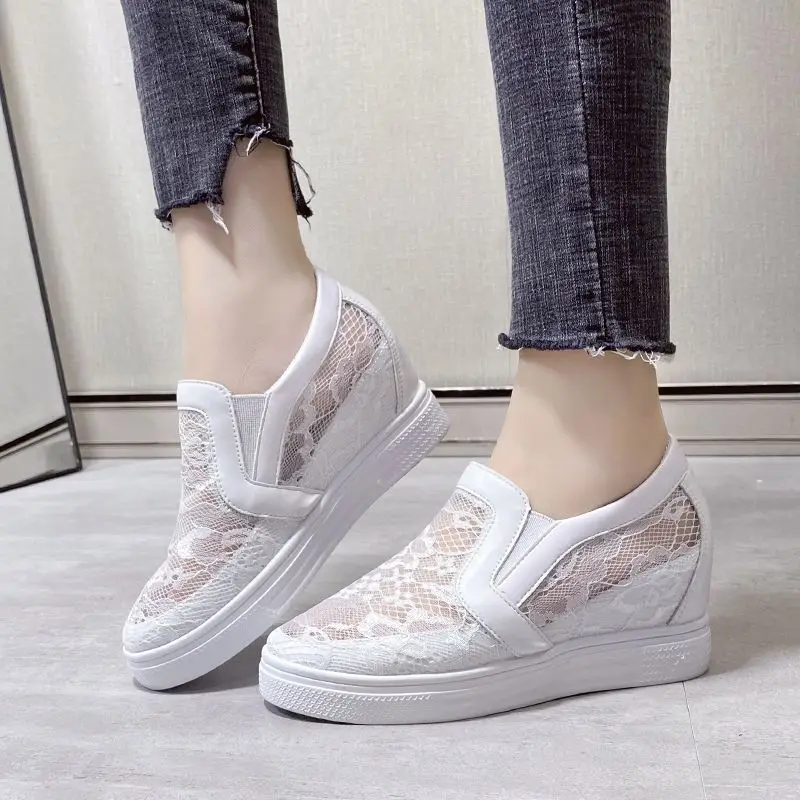 

Women 2026 Summer New Slip On Wedge Sneakers Breathable Mesh Hollow Lace Up Casual White Shoes Platform Loafers
