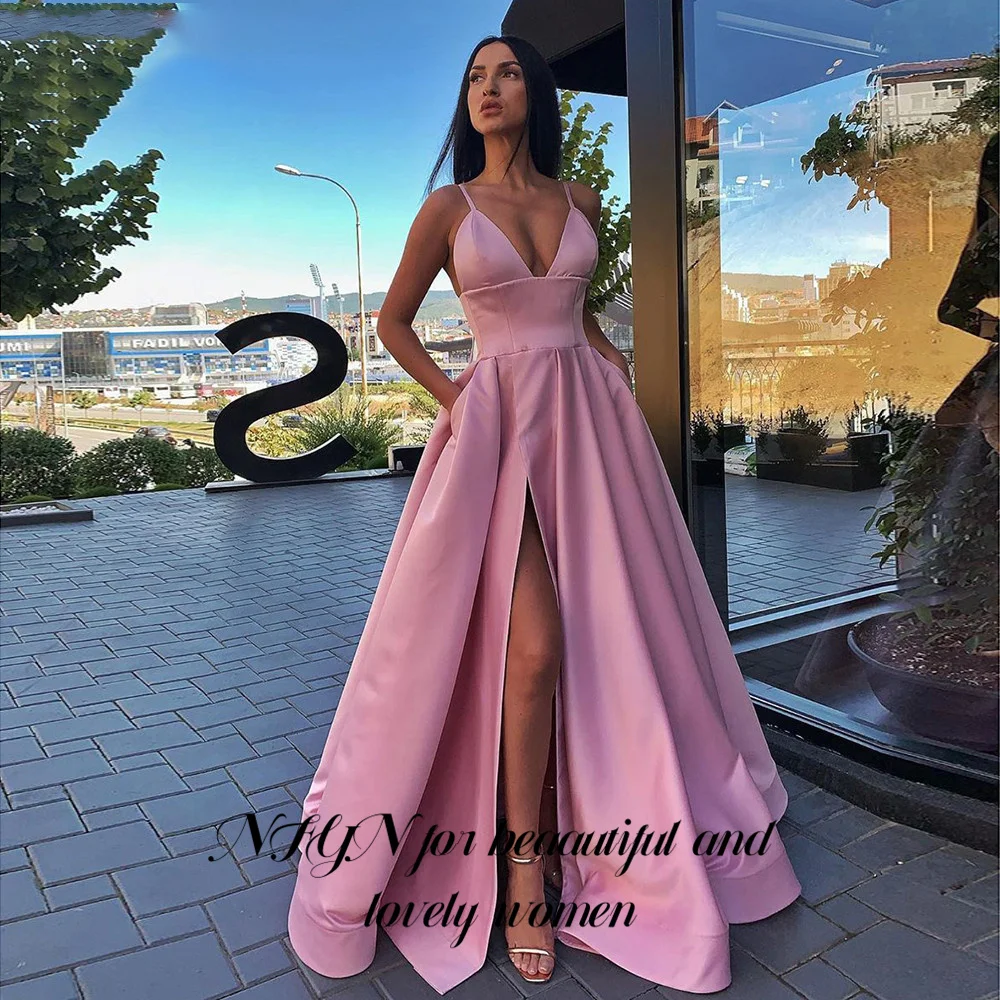 NFYN Sexy V Neck Satin Evening Dresses Spaghetti Strap Side Slit Prom Dress High Waist Evening Gowns Robe De Soiree Customized image 5