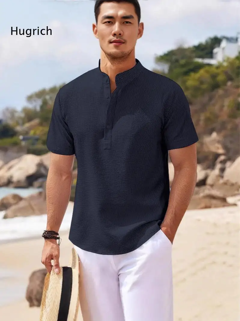 Men Mandarin Collar Henley Shirt Short Sleeve Half Button Pink Gingham Waffle Texture Summer Casual Beach Vacation Tops