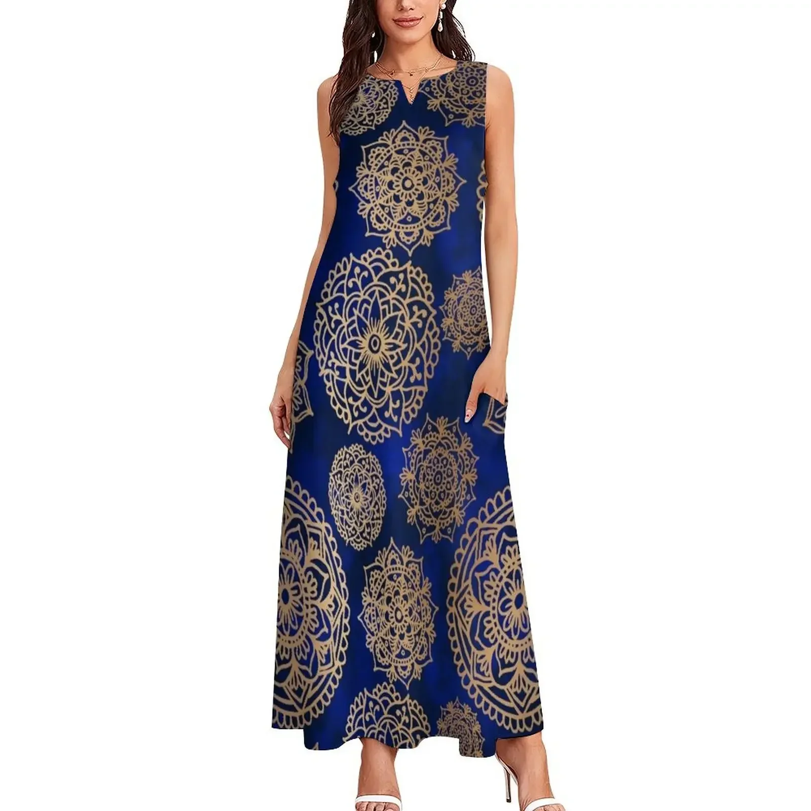 Abito lungo con motivo mandala blu e oro Abito da festa da donna di lusso Abito da ballo da sera Abito da donna Abbigliamento femminile