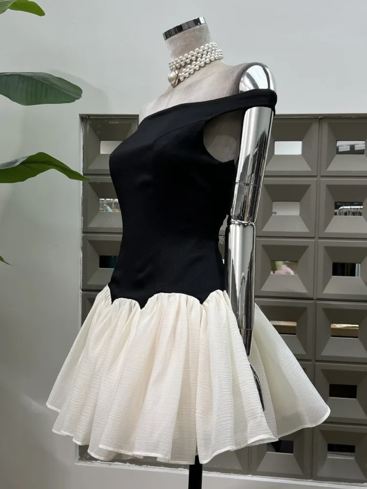 DFDG Abito da donna con spalle scoperte e spalle scoperte, vita smockata, gonna a sbuffo color block, abito da vacanza design primavera estate