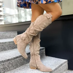 Botas altas de camurça retrô para mulheres, salto baixo, zíper lateral, coxa alta, tamanho 43, outono, inverno, 2024 10 principais vendas calça legging suede - №10
