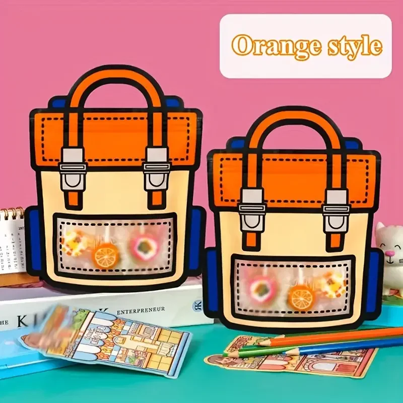 10pcs Creative School Bags Shape Cookie Candy Plastic Zipper Bags, Snack Packaging For Birthday Graduation Party Present Handbag