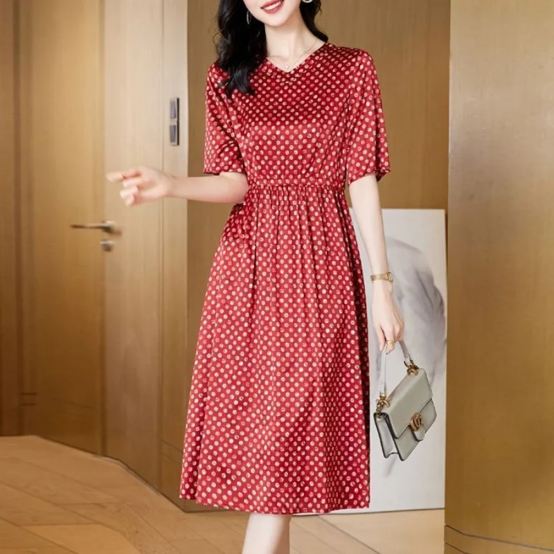 2024 Spring and Summer New Simplicity Print Fashion V-neck Commuter Versatile High Waist A-line Mid Length Temperament Dress