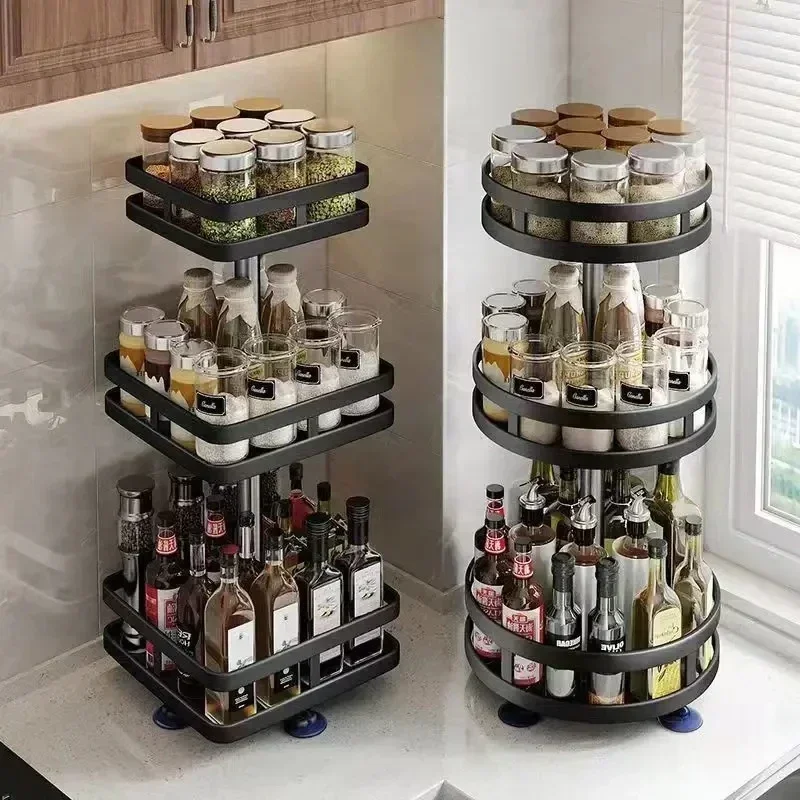 Rotating Spice Jar Glass Organizer Multifunctional Condiment Shelf Kitchen Salt Flavor Container Flavouring Tank Shelf