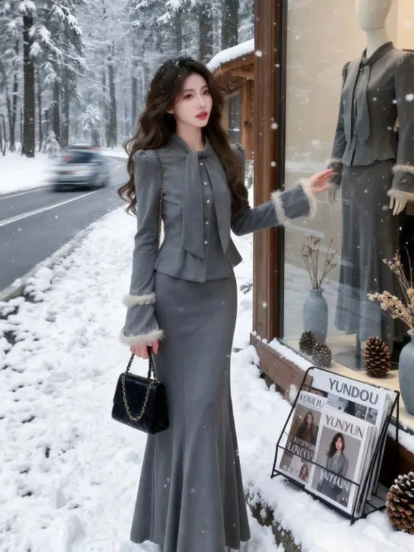 

Korean Sle Faionable Two-Piece Set with Tailored Skirt And Top Comfortable Midweight Long Sve round Neline High Waist