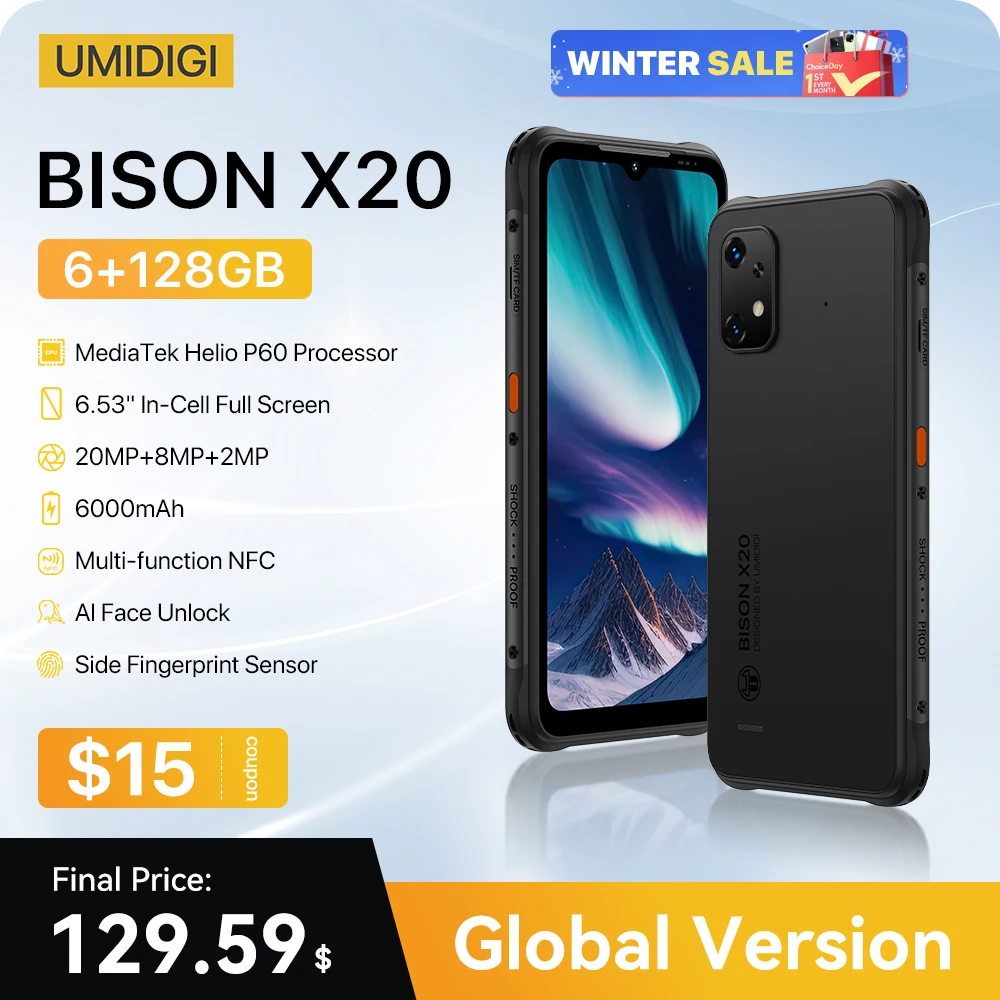 [เวิลด์พรีเมียร์] umidigi X20สมาร์ทโฟนที่ทนทาน MTK Helio P60 OCTA-core 6GB 128GB 6.53 "HD Android 13 6000mAh แบตเตอรี่ NFC