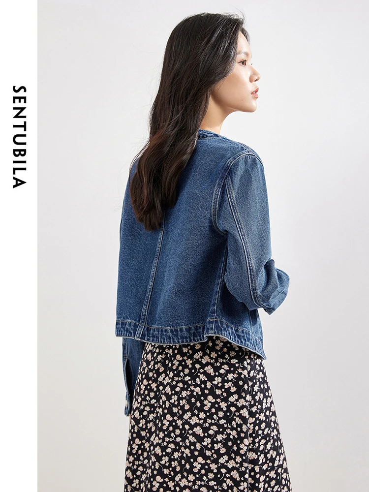 SENTUBILA Pure Cotton Denim Jacket Women 2024 Spring Autumn Outerwear Round Neck Pockets Cropped Jeans Coat Womans W41W53402