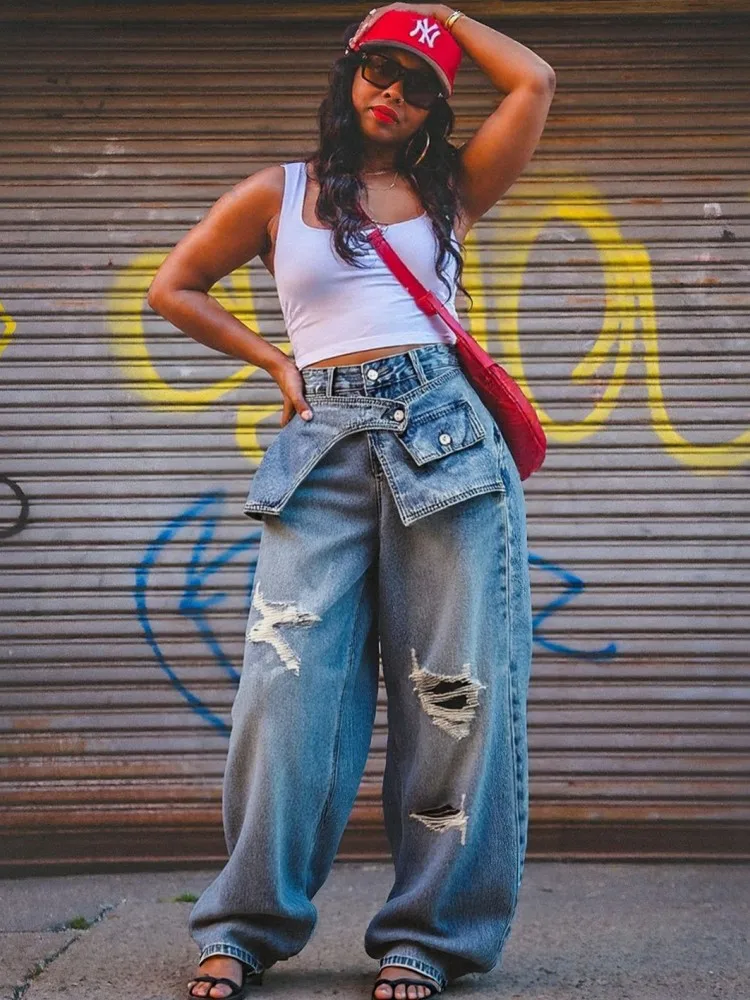 Women High Waist Wide Leg Pants Shiny Straight Pants Long Jeans Casual Trendy Trousers 2025 Autumn Winter New Denim Trousers