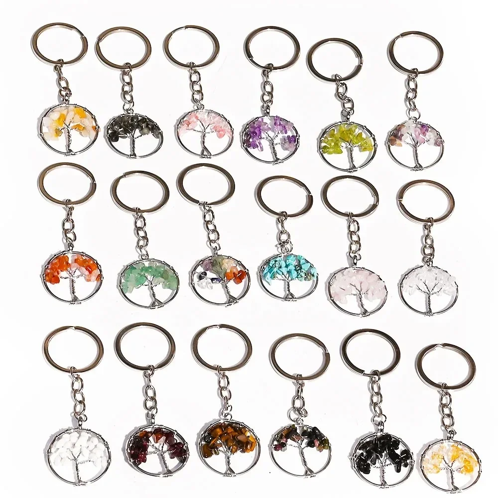 10pcs Natural Chip Stone Bead 30mm Round Tree of Life Charms Keychains Bag Car Key Chain Pendant Key Rings