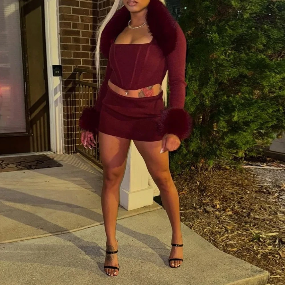 

Меховое платье в рубчик, комплекты из двух предметов, женская роскошная одежда 2025 года, сексуальное праздничное платье, элегантные комплекты из 2 предметов, женский наряд, зима-осень