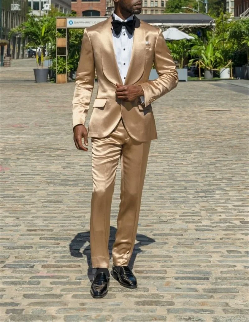 Traje de novio de satén dorado para hombre, traje de 2 piezas para boda, fiesta de graduación Formal de esmoquin, Blazer de un botón, traje de pantalón hecho a medida