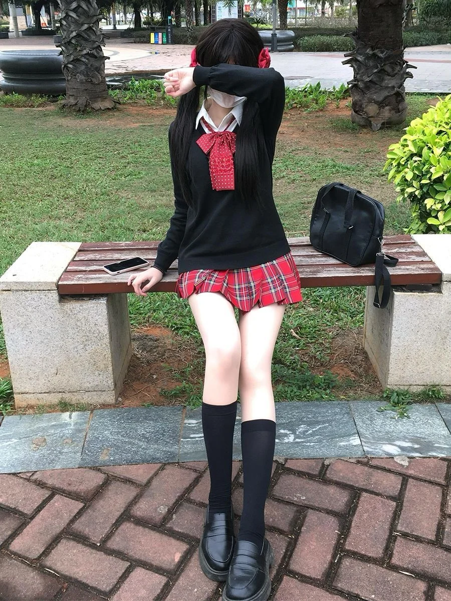 

Original Design Long Sleeve Sweater Set for Women College Style Checkered Skirt Autumn Winter Fashion Ensemble JK Uniform