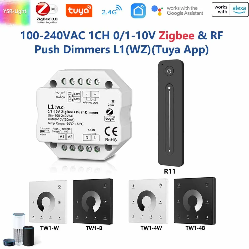 100-240VAC 1CH 0/1-10V Zigbee & RF Push Dimmer TuyaAPP Smart Control 2.4G R11 RF Touch Diming Remote App Voice For Alexa Google