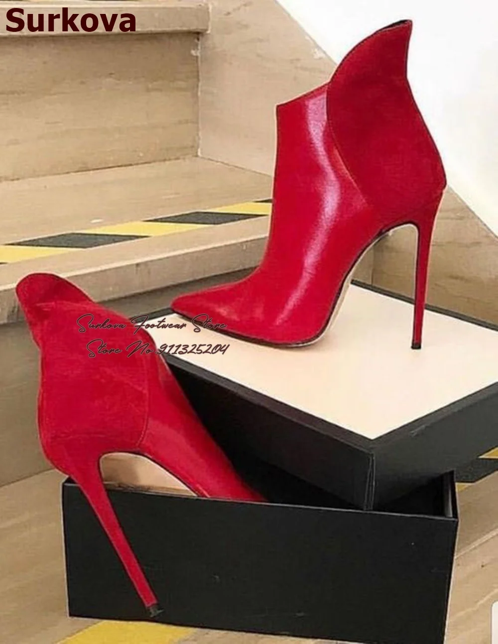 

Surkova Red Matte Leather Patchwork Red Suede Ankle Boots Stiletto Heel Pointed Toe High-top Dress Pumps Elegant Banquet Heels