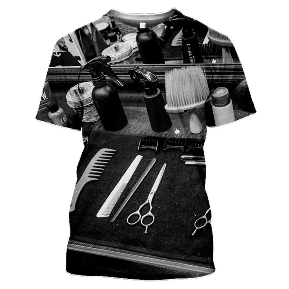 Summer Men Fun Barber Shop Tools Printed T-Shirt Fashion 3d Printed O Collar Short Sleeve Street Personality Loose Top 6xl