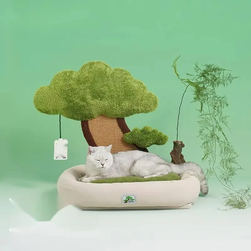 Household Pine Tree Shaped Pet Cat Nest, All-season Universal Warm Sleeping Bed, Integrated Cat Scratch Board for Kitty