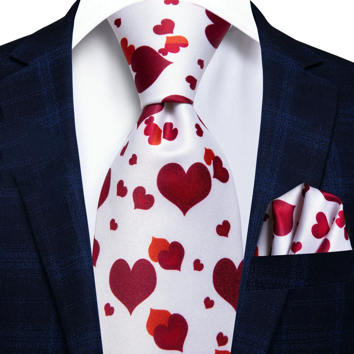 VERVEROW Romantic White Red Heart Tie Handkerchief Set For Men Valentine Party