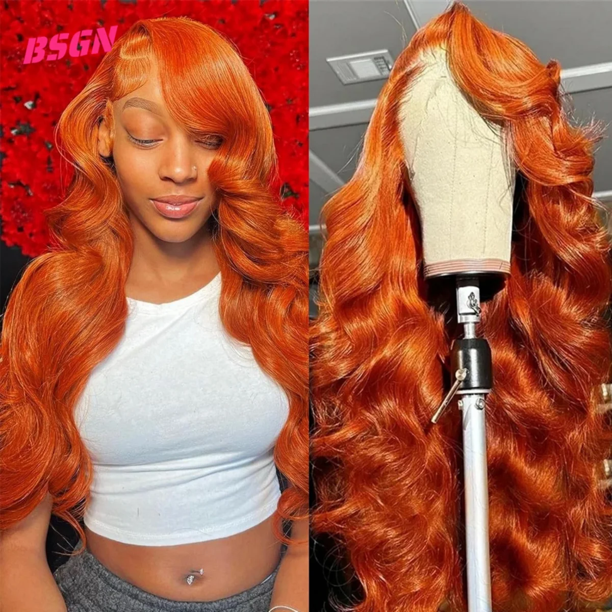 34 250% Highlight Body Wave ginger orange 13x4 HD Lace Frontal Human Hair Wigs for Women 100% human hair wig quality pre-plucked