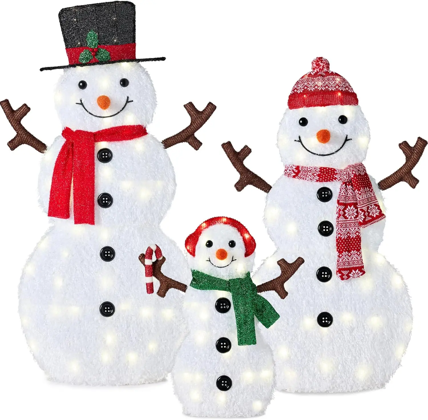 4ft 3-Piece 2D Lighted Christmas Snowman Family Set, Large Outdoor Yard Decor Holiday Decoration w/ 135 Twinkling LED Lights