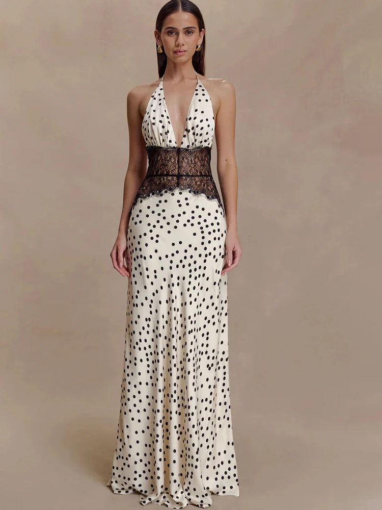 JULISSA MO Patchwork Lace Print Polka Dot Halter Women Maxi Dress Sexy Backless Evening Dress Winter Skinny Elegant Party Dress