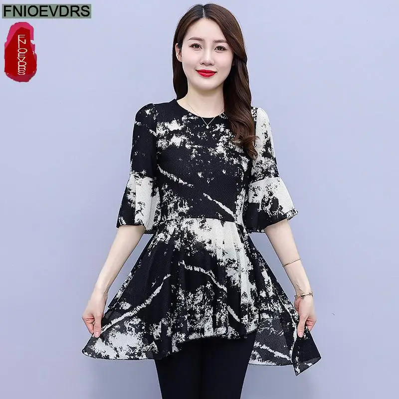 L-5XL Loose Clothes 2023 Women Summer Short Sleeve Elegant Ruffles Shirts Casual Retro Vintage Floral Tunic Peplum Tops Blouses