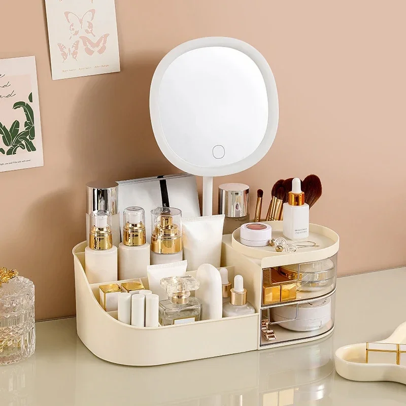 

Makeup Storage Box With Mirror Desktop Dressing Table Makeup Mirror Cosmetics Jewelry Storage Box Touch Light Storage Organizer