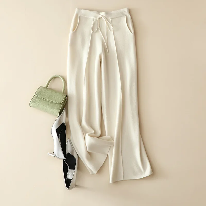 luxury winter fashion cashmere wool trousers women's casual knit pants with pocket