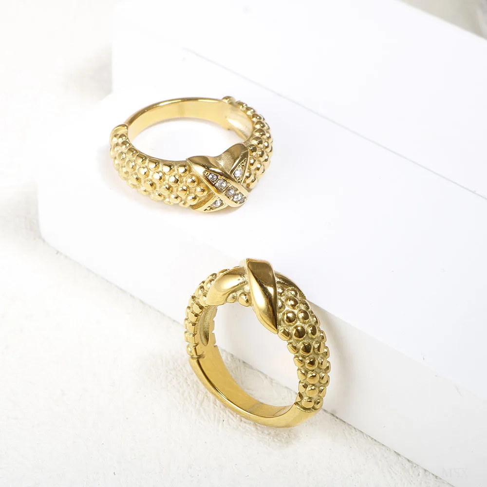 JINHUI Charm Stainless Steel Inlaid Zirconia Rings For Women Two Crossing Twist Gold Color Lightweight Daily Accessories