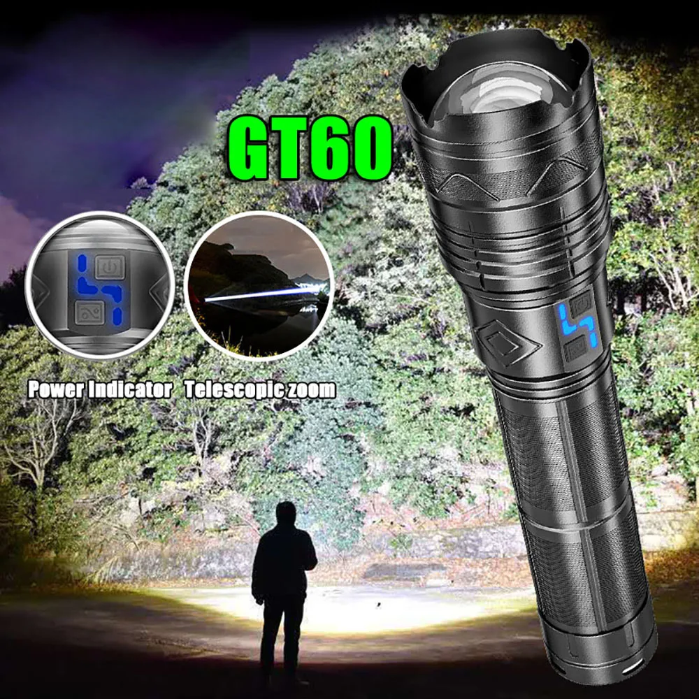 World\'s Brightest 10000W GT60 Tactical LED Flashlight Long Range LED Torch USB Rechargeable Using 4*181350A Batteries 3040MAH