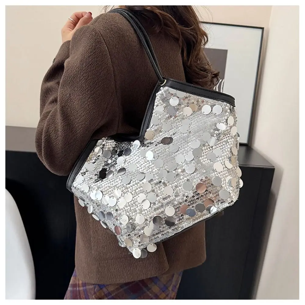 

New Design Large Capacity Sequin Shoulder Bag Sparkling Tote Underarm Bag Smooth Zipper Shiny Bucket Bag Evening Party