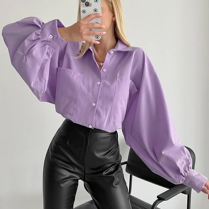 2023 Fashion Lantern Long Sleeve Shirt Tops Women Lapel Single-breasted Loose Shirt Chic Spring Office Lady Solid Color Blouse