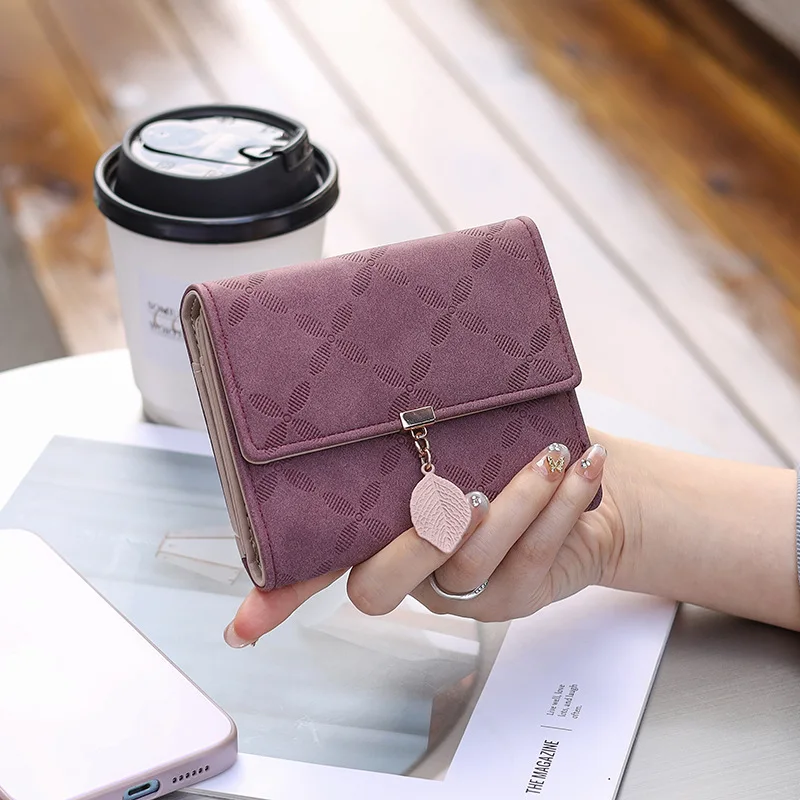 Wallet - Women's short style high-quality PU fashionable leaf pendant three-fold bag with multiple card slots, folding student c
