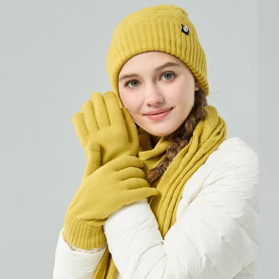 Зимняя шапка-бини, перчатки, комплект длинных шарфов, утолщенные вязаные шапочки, шарфы, комплект для женщин, желтый, красный, бежевый, оранжевый, Fushia