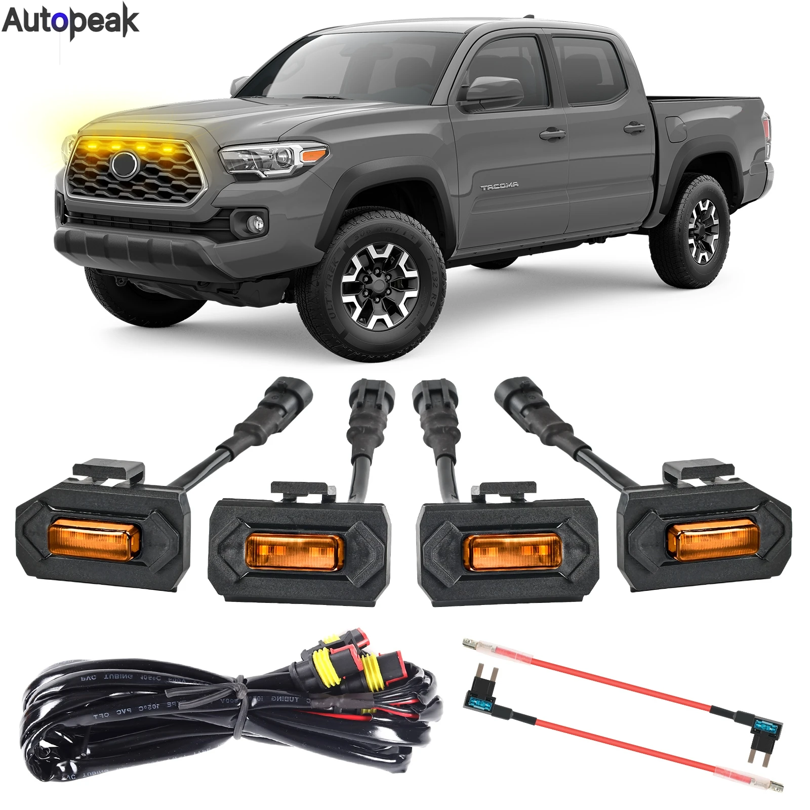 

4x Raptor-style Orange Lens Amber Orange grille LED light Kit For Toyota Tacoma 2020-2023 TRD Off Road Grill Front Lighting 12V