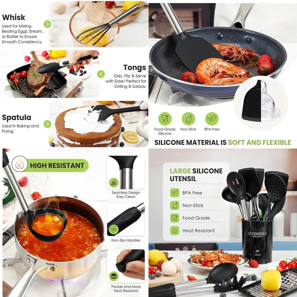 

35-Piece Kitchen Utensil Set with Silicone Spatulas, Stainless Steel Whisk, Basting Brush, and Holder for Nonstick Cookware (Bla
