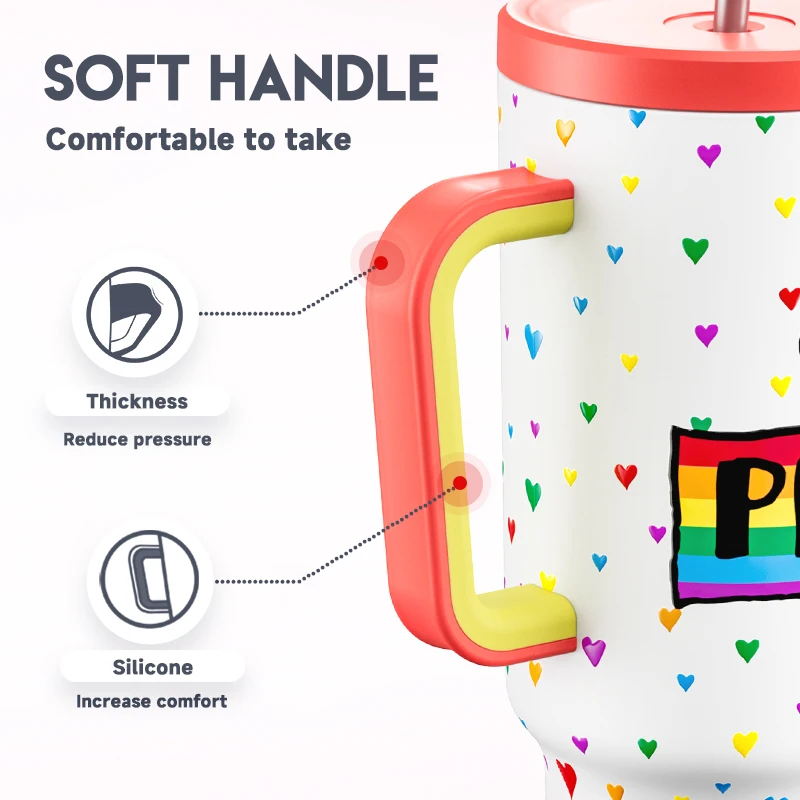 Meoky 40oz Tumbler Straw Handle Large Capacity Non-Slip Base Cup Potable Leak-proof Pride Month Print Ice Cold Vacuum Coffee Cup