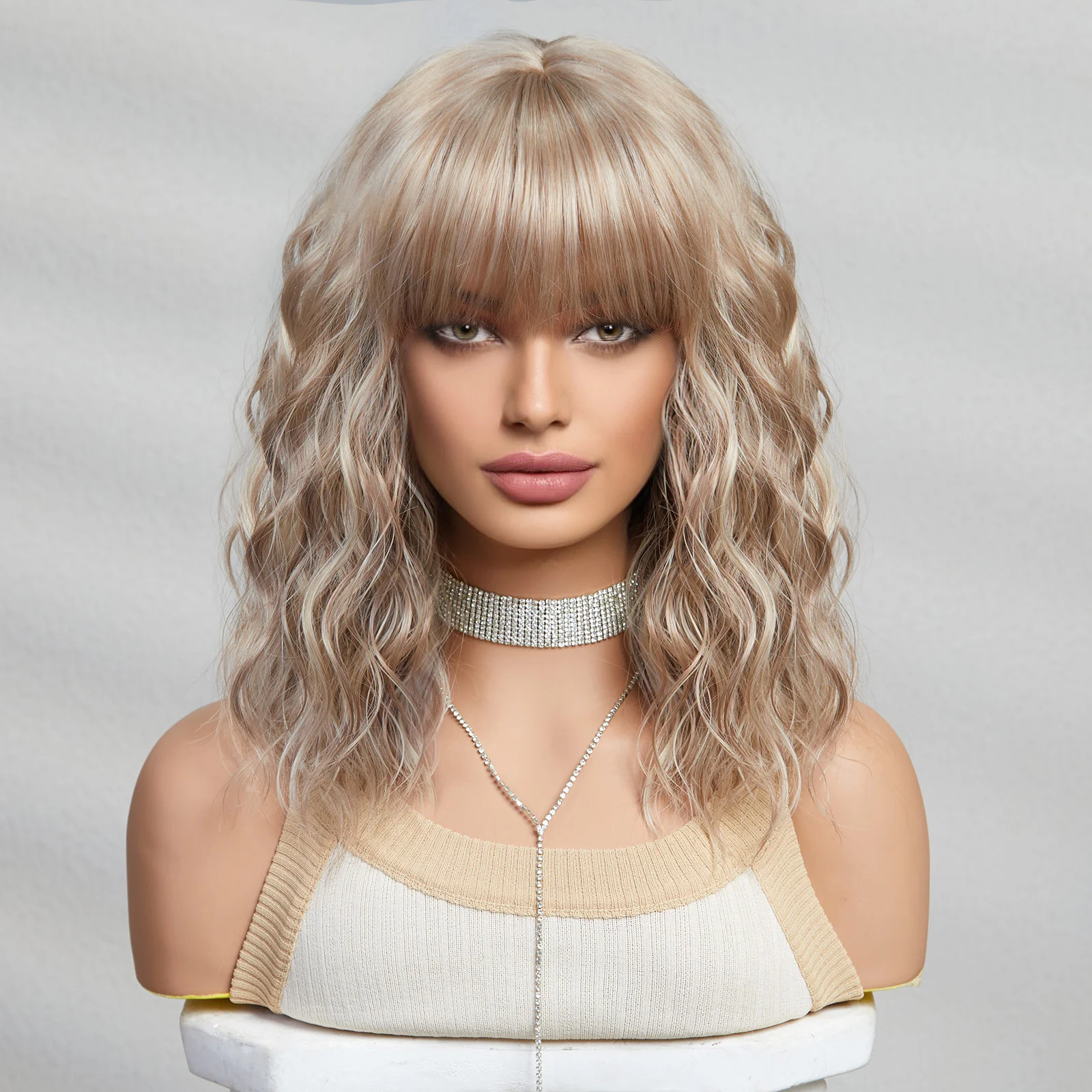 ELEMENT Cute Barbie Wigs Light Khaki Loose Curly Hair synthetic Bob Wig with Bangs Lolita Cosplay Party Daily Wigs for Women