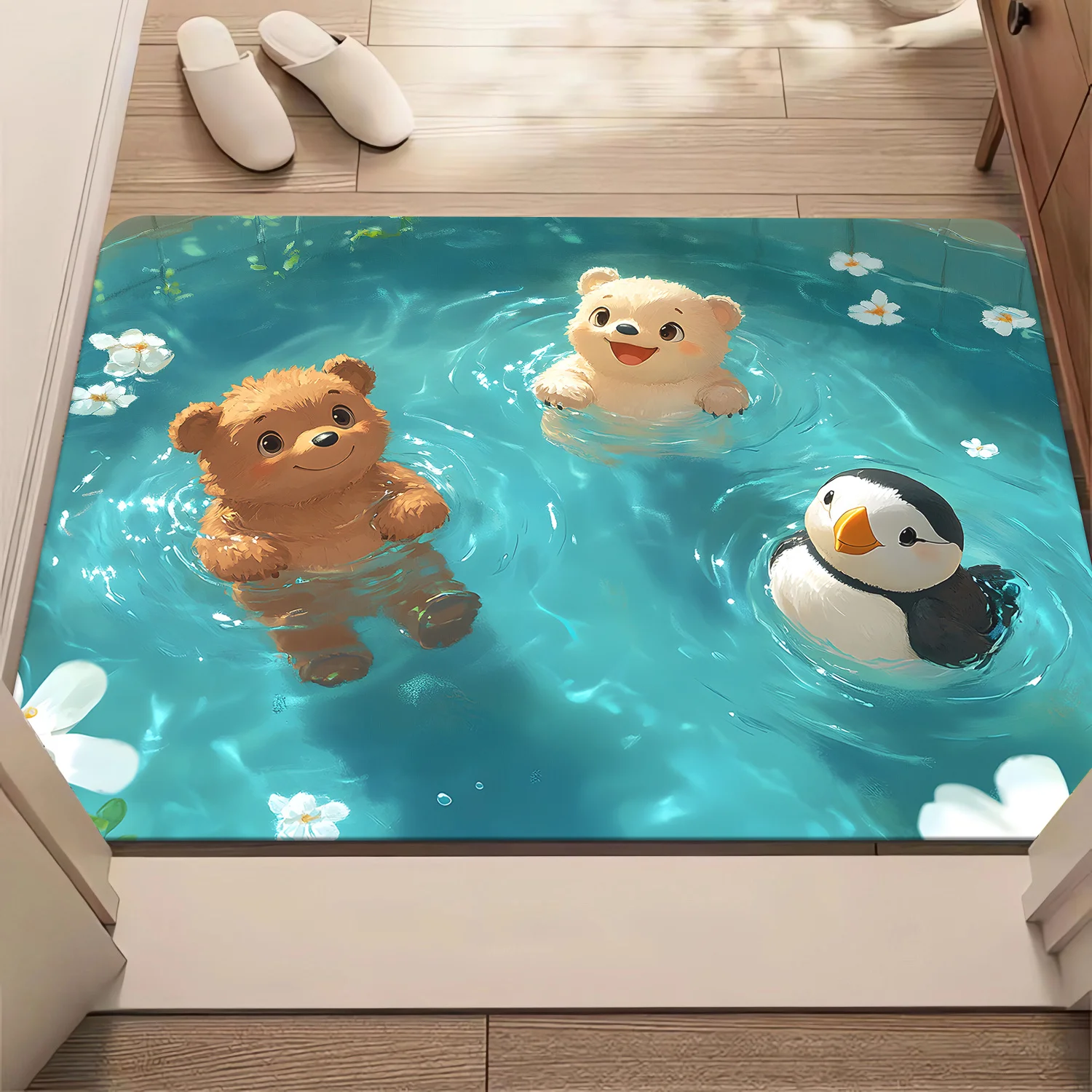 Cute Cartoon Bears and Puffin Entrance Mat, Non-Slip Washable Floor Rug, Swimming Pool Style Home Decor Carpet