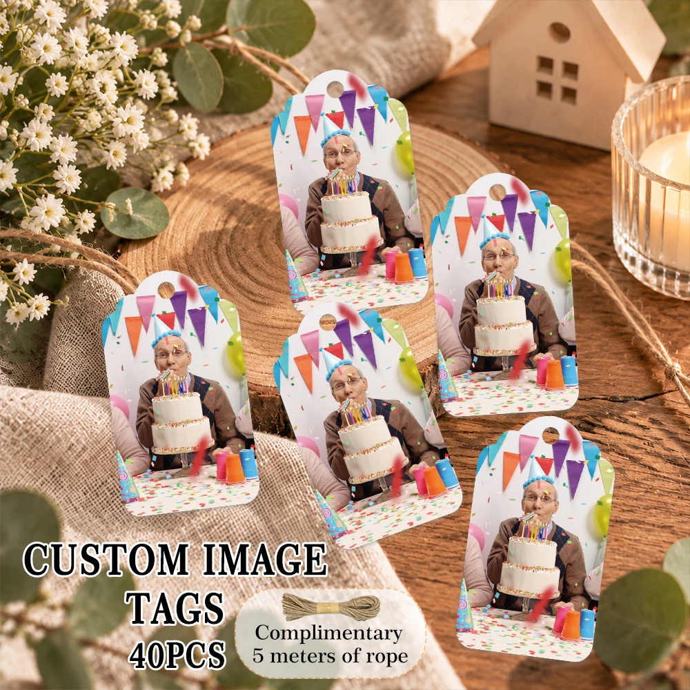 40pcs, Custom Image Tags, Personalized Classic Shape Photo Gift Tags, Paper Labels with String for Birthday Party Favor