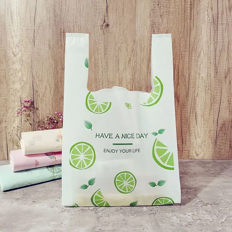 

50pcs Fruit Patterns Colored Vest Style Plastic Bag Green Cake Desserts Takeaway Pocket Pink Fresh Fruit Snack Handbag