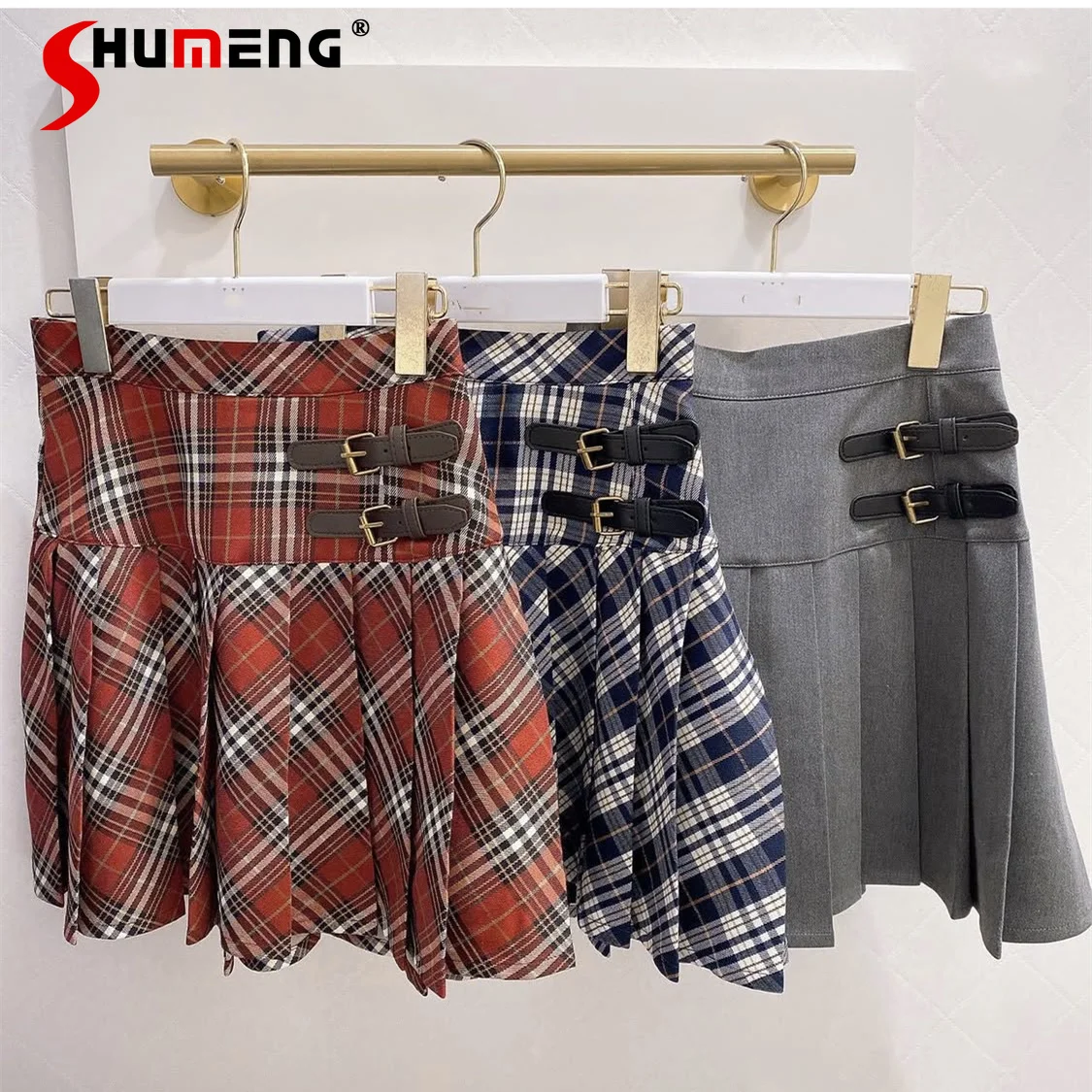 

Японский сладкий консервативный стиль JK клетчатые мини-юбки из искусственной кожи с пряжкой и высокой талией трапециевидной формы элегантная универсальная плиссированная юбка для женщин лето