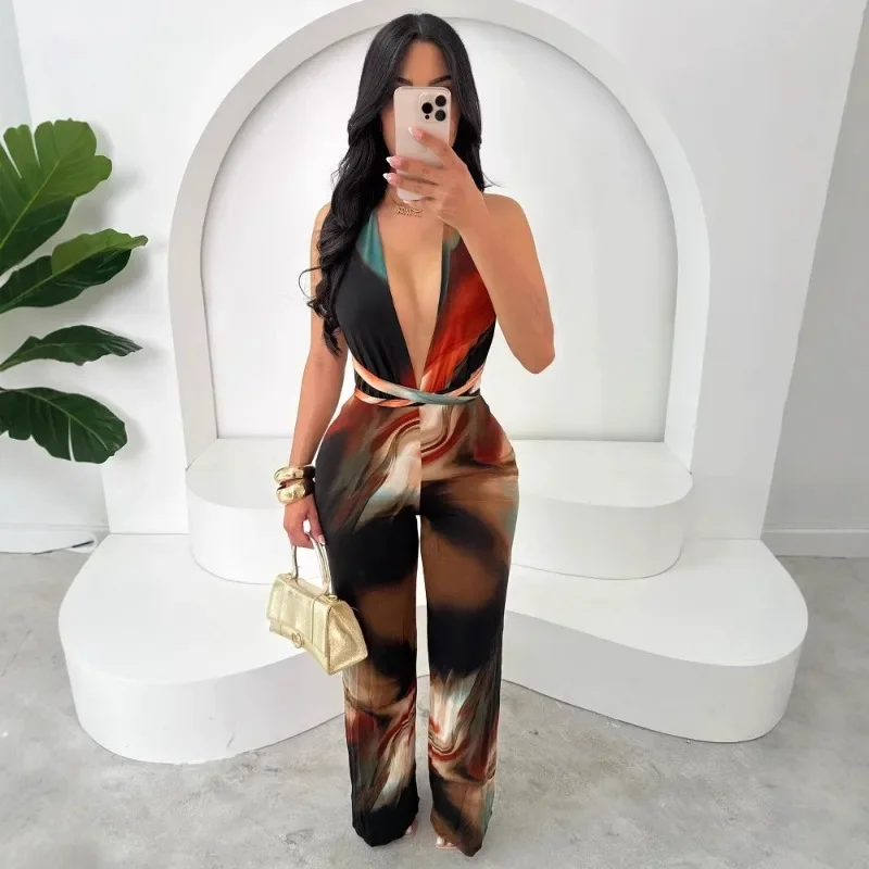 

GUWU модные женские комбинезоны без рукавов с принтом тай-дай, широкие комбинезоны с лямкой на шее, 2022, пояс с открытой спиной, сексуальный вечерний комбинезон, цельный комбинезон